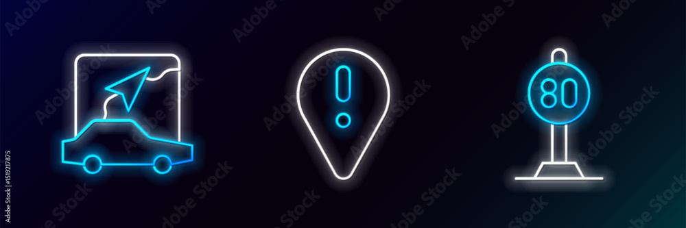 Poster set line speed limit traffic, city map navigation and location with exclamation mark icon. glowing n