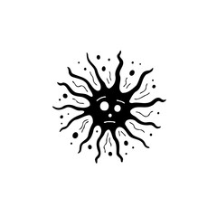 Expressive vector illustration of a stylized sun with a sad face on white background