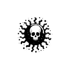 Black and white illustration of a skull surrounded by a sun-like shape graphic