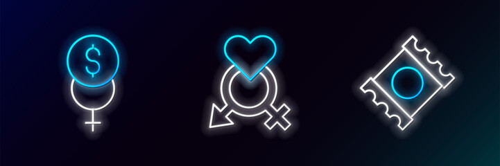 Obraz premium Set line Condom in package, Feminism finance and Gender icon. Glowing neon. Vector