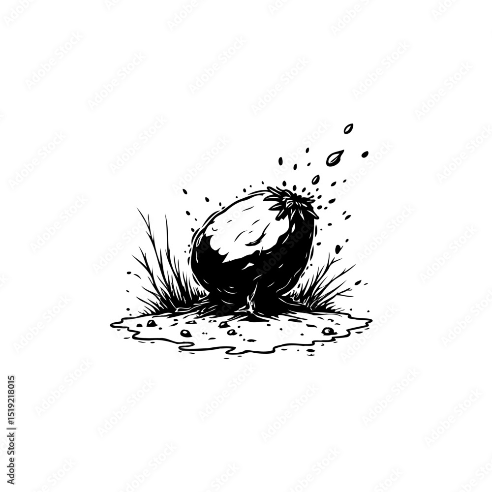 Poster monochrome depiction of an object on the ground with splatter effect around it