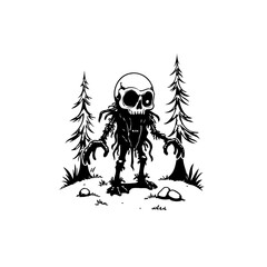 Spooky Skeleton Creature in Dark Forest Illustration, Halloween Season Concept