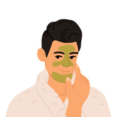 Man applying cosmetic serum or mask on his face, cartoon flat vector illustration isolated on white background. Skincare and cosmetic home procedure for men.