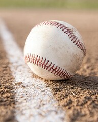 Close-up View of a Worn Baseball on the Field with Dirt and Grass in the Background during Game Day