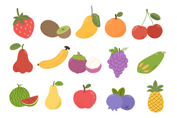 Fruit Vector Illustration Set. Hand Drawn Vector healthy food Fruit collection and Cartoon Botanical Banners.