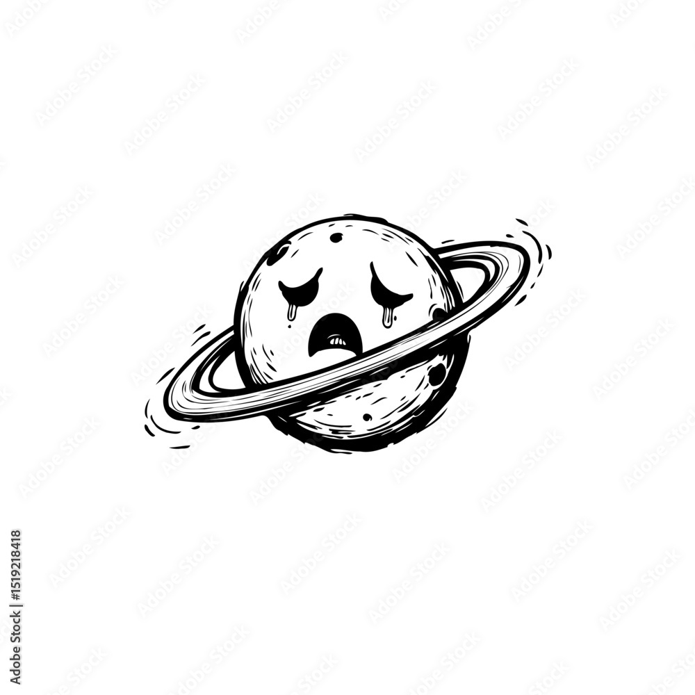 Poster lonely planet: a sketch of a sad saturn with rings floating in empty space