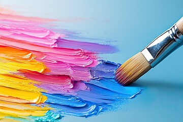 Fototapeta premium A color palette and brush in the foreground as students paint
