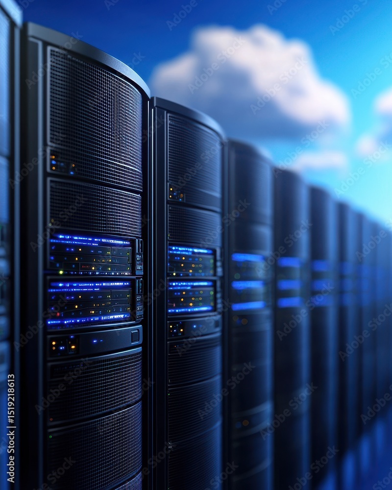 Poster modern data center infrastructure with high-performance servers under blue sky and cloudy background