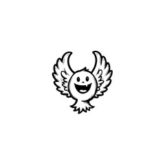 Whimsical winged character illustration in black and white for playful design