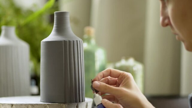 Skilled woman ceramic artist carefully carving intricate patterns on wheel-thrown pottery. Meditative craftwork in cozy pottery studio.