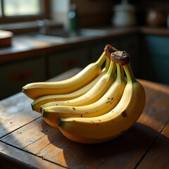 Ripe Bananas on Wooden Table in Kitchen Sunlight