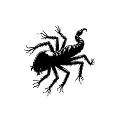 Creepy scorpion spider illustration featuring a silhouette design on a white background