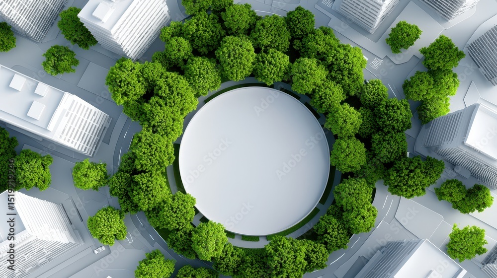 Poster aerial view of a modern circular building surrounded by lush green trees in an urban cityscape.