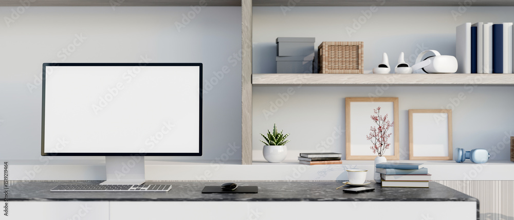 Fototapete white screen computer and coffee with book on black marble table in front of a display shelf in room