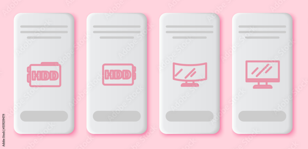 Poster set line hard disk drive hdd, , computer monitor screen and . white rectangle button. vector