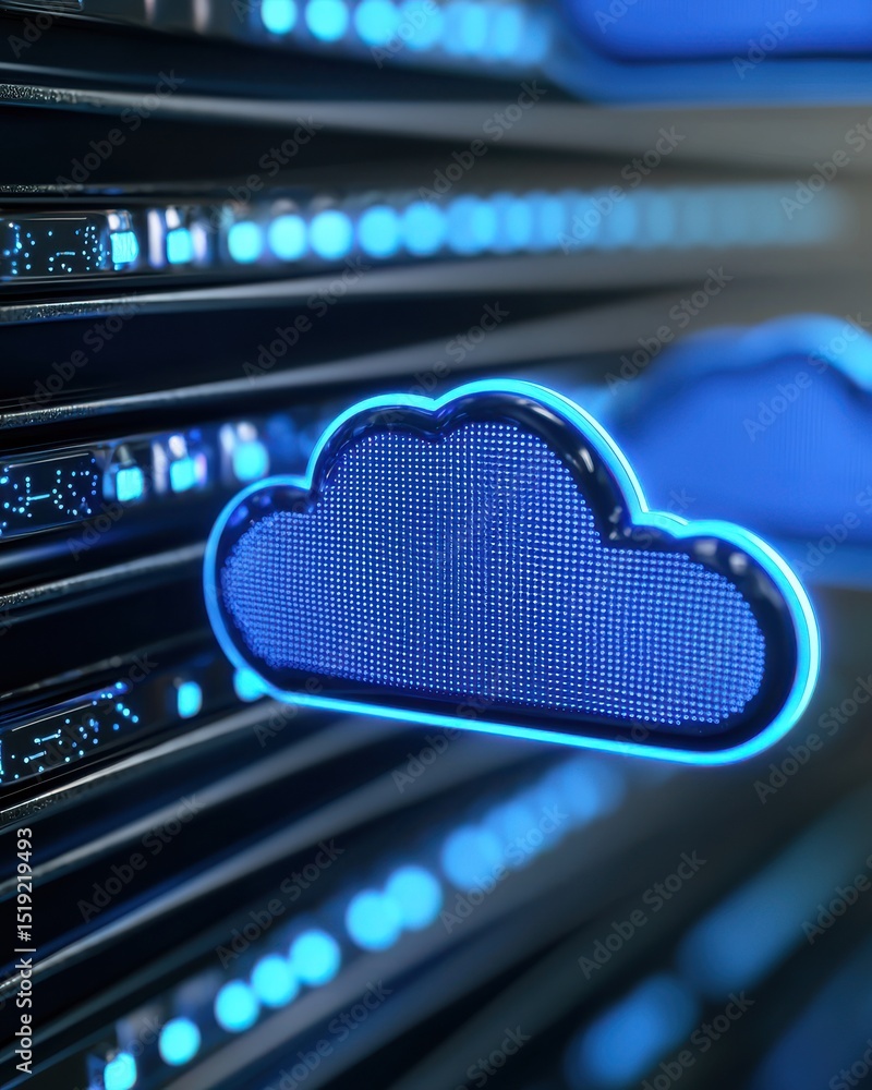 Poster futuristic cloud computing concept with digital elements on server background in blue lighting