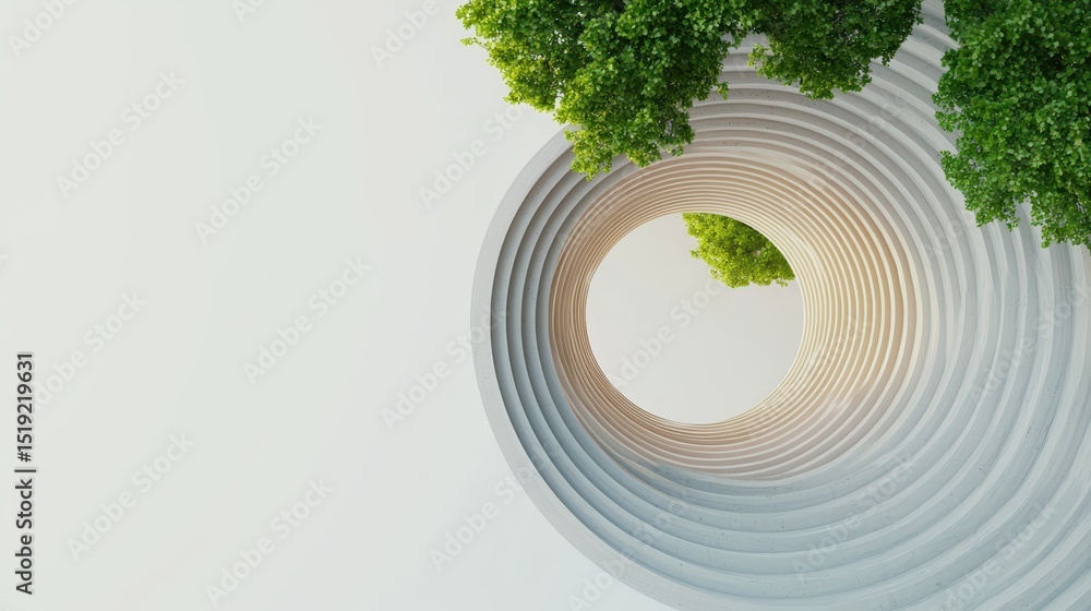 Poster A circular architectural structure frames green trees against a light sky, blending modern design with nature.