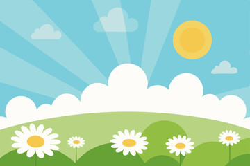 Spring and summer nature landscape with blooming flowers, green grass, and blue sky