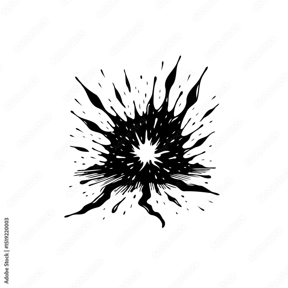Poster monochrome explosion with burst effect, abstract design element featuring radial splatter