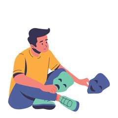 Illustration of an Mental Health Hiding on a Mask Character Cartoon