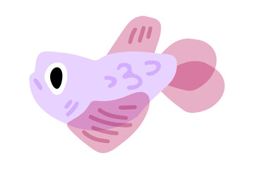 Cartoon Purple Fish Side View. Cute cartoon fish in light purple with pink transparent fins and big black eye. Flat pastel style, soft colors, isolated on white background.