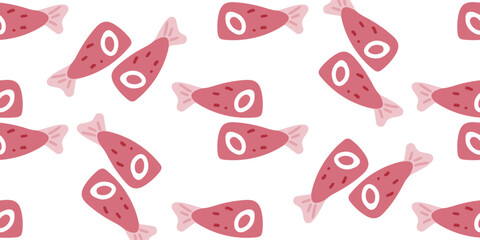 Seamless Cartoon Fish Tail Pattern. Seamless pattern with scattered cartoon fish tails in pink color tones on white background. Flat style, playful and minimal marine design.