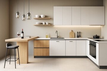 Modern minimalist kitchen interior with wooden and white cabinetry, ambient lighting, and stylish decor in contemporary home setting.