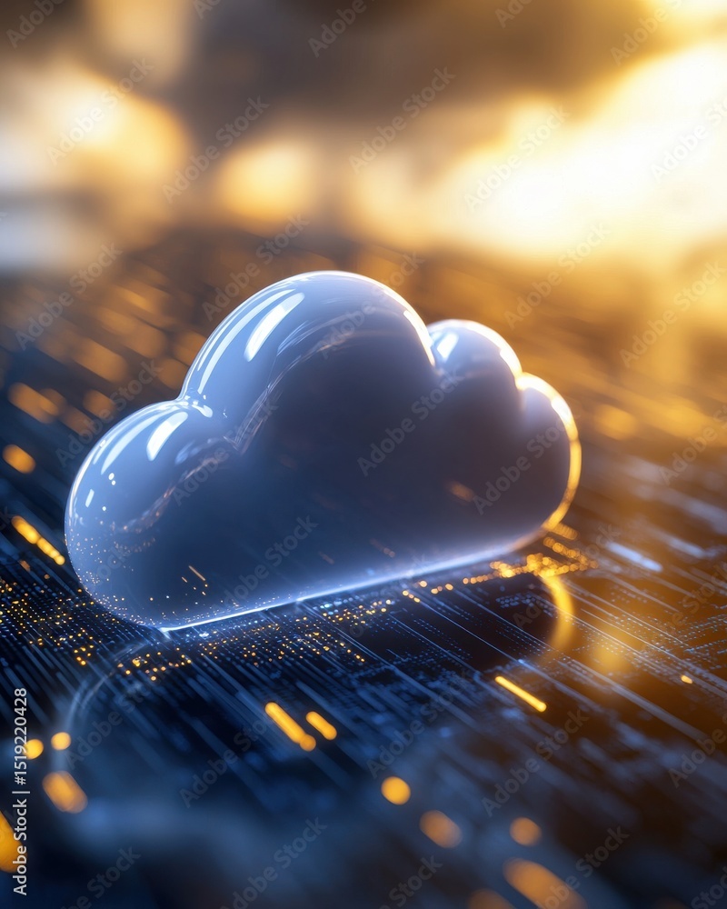 Poster glossy cloud on digital background with abstract light effects and network connections in vibrant co