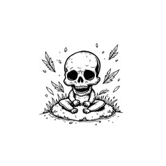 Cartoon illustration of a skeleton meditating in a serene nature setting vector