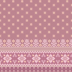 Seamless Pink Geometric Pixel Background with Traditional Floral Motif