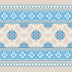 Seamless Soft Blue Beige Geometric Pixel Background with Floral Pattern