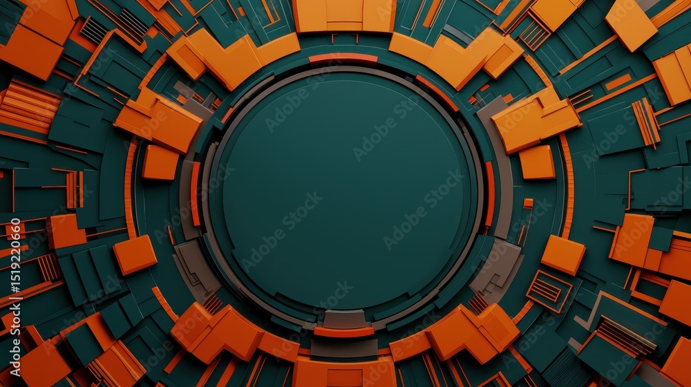 Poster Abstract digital art featuring concentric circular patterns in orange and teal, resembling futuristic technology or a sci-fi interface.