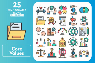 Core values Line Filled Icon Set. Incleded Icons Fitness, Quality Control, Optimism, Efficiency, Justice Scale, Competition, Target, Environment. Vector Icons Collection