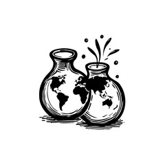 Black and white illustration of two vases with earth pattern representing growth
