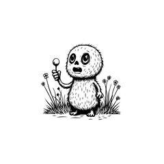 A whimsical monochrome monster illustration holding a lollipop with wonder, set in nature