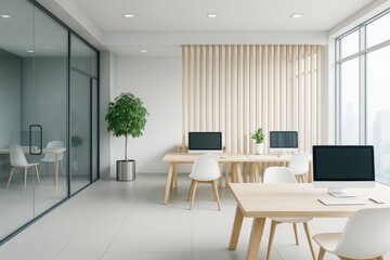 Modern minimalist office interior with wood furniture, large windows and clean white decor in contemporary open-plan workspace design concept.