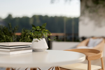 Books and potted plants on a white round table with armchair at the rooftop of a house or building.