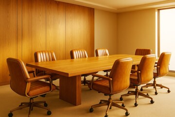 Modern conference room with wooden table and leather chairs in warm lighting, showcasing contemporary interior design and architecture concept.