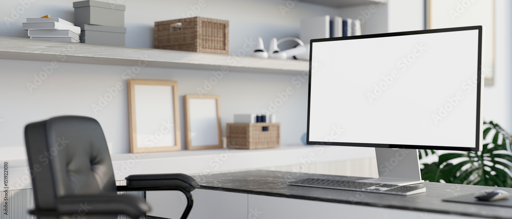 Aufkleber blank screen computer on marble table and black armchair in front of a display shelf in white room.