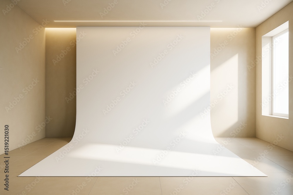 Poster minimal studio interior with curved white backdrop, soft natural light and clean beige walls for bra