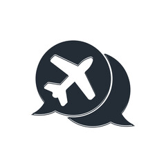 Black Speech bubble with airplane travel icon isolated on white background. Plane flight transport sign. Holidays symbol. Vector