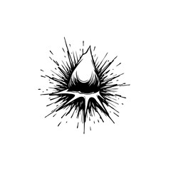 Monochrome abstract illustration of a stylized water droplet bursting outward