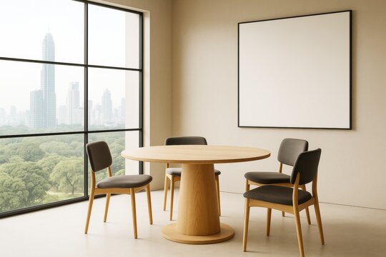 Modern meeting room with round wooden table and chairs near large window and blank frame on wall in bright contemporary interior space. - Powered by Adobe
