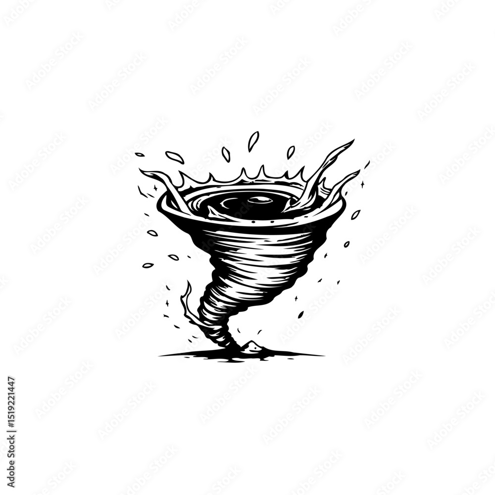 Poster illustrative depiction of a swirling vortex with dynamic splashes in monochrome design