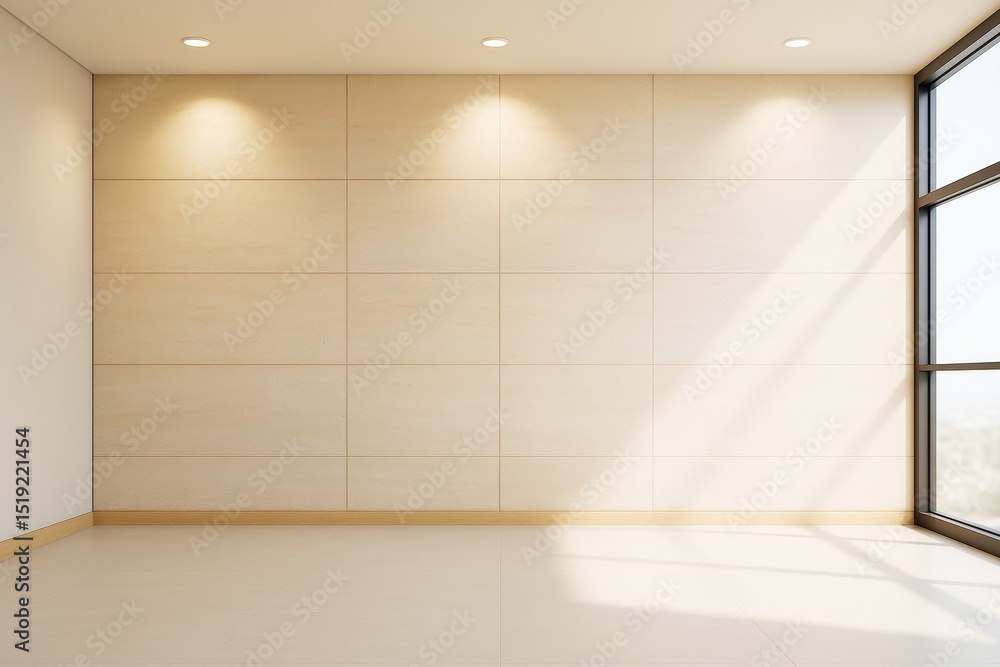 Poster modern empty room with light wooden wall panels and large window casting natural light shadows acros
