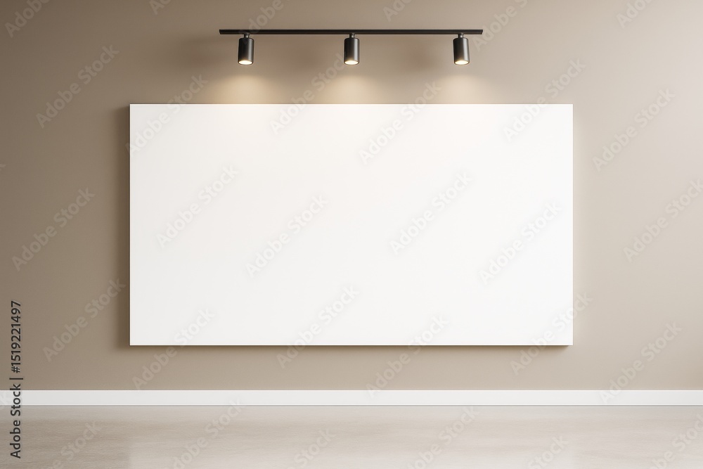 Poster blank white canvas mockup on beige wall under ceiling spotlights in modern empty room for branding o