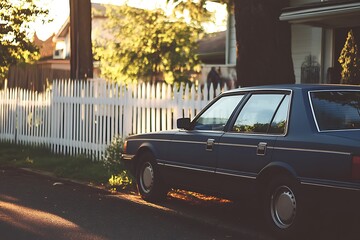 A navy blue sedan parked near a white fence under soft afternoon sunlight