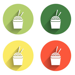 Set Asian noodles in paper box and chopsticks icon isolated with long shadow background. Street fast food. Korean, Japanese, Chinese food. Color circle button. Vector