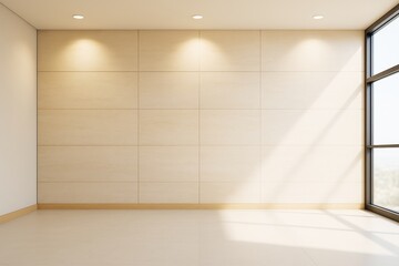 Fototapeta premium Modern empty room with light wooden wall panels and large window casting natural light shadows across clean tiled floor in contemporary interior space.