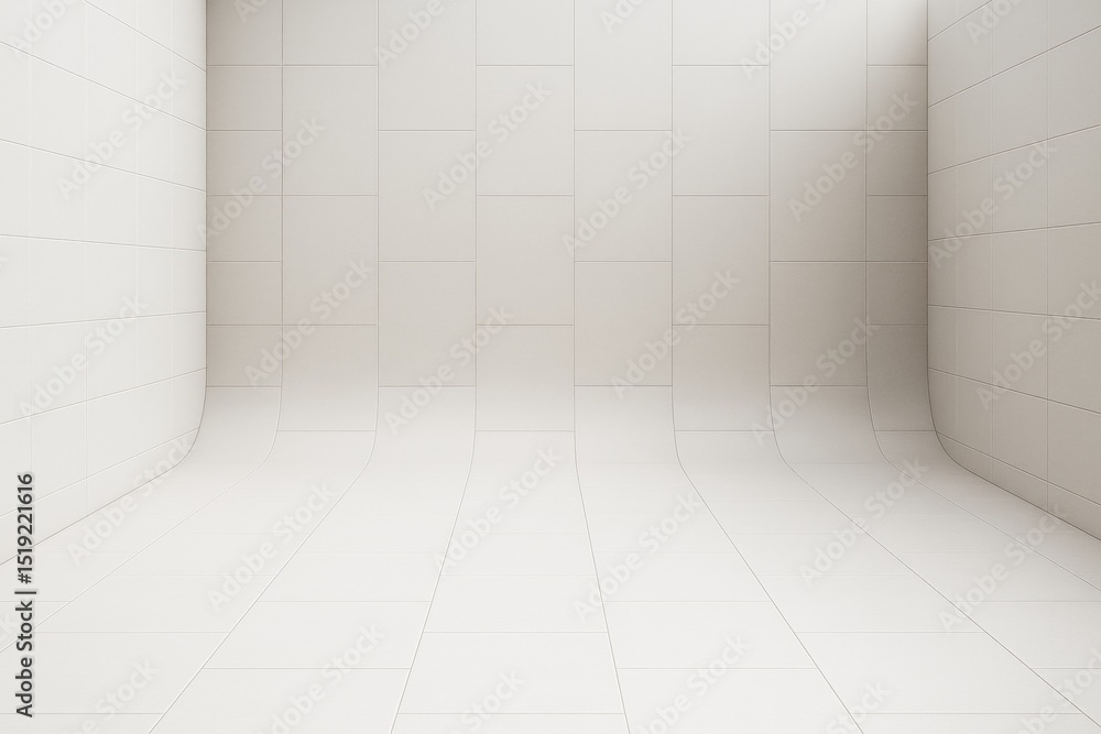 Poster minimal white tiled room with curved floor and walls forming continuous surface for creative interio